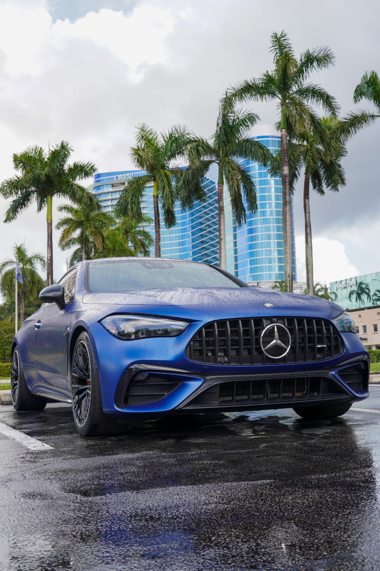Blue Mercedes photographed on wet pavement beneath palm trees